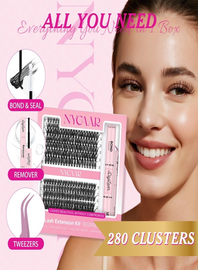 NYCAAR DIY Lash Extension Kit 280Pcs Individual Eyelash Extension Kit 40D50D 0.07D Curl 9-16MIX Lash Clusters Kit with Lash Glue Remover Applicator Easy to Use for Beginners - Image 2
